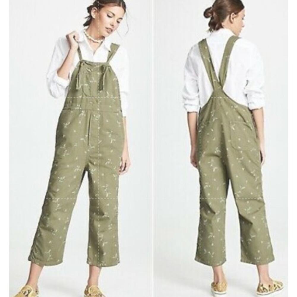 The Great Olive Green Floral Overalls Cotton Jumpsuit Pantsuit Oversized L 3